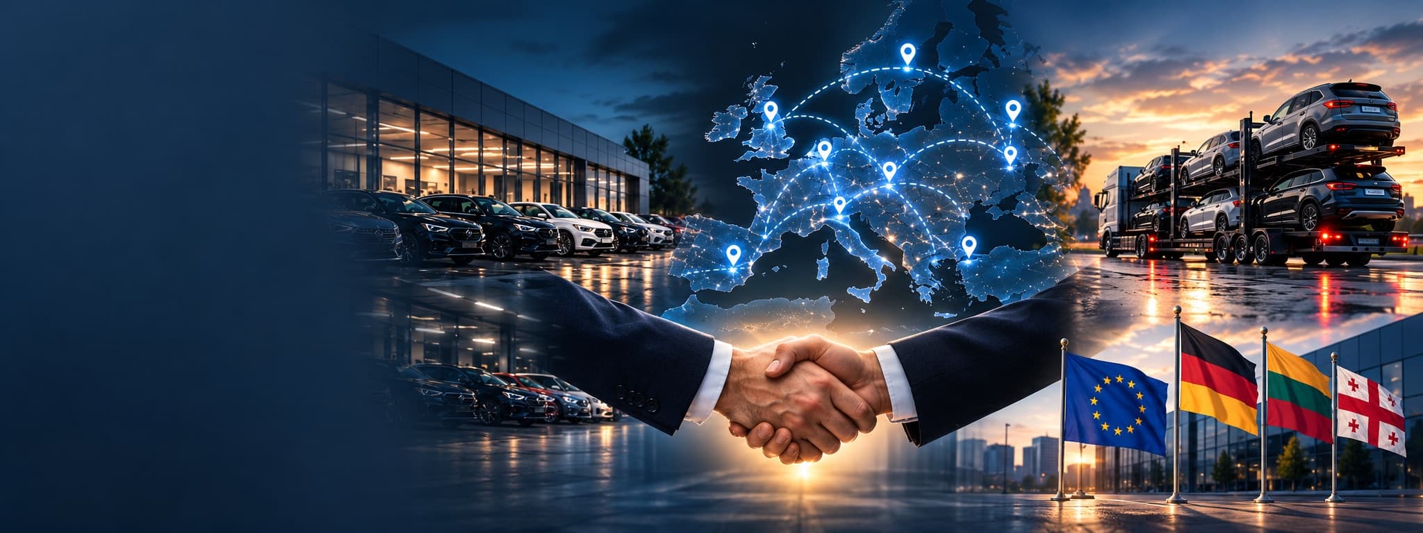 Partneriai, spaudžiantys vienas kitam rankas prieš mūsų veiklos šalių vėliavas
